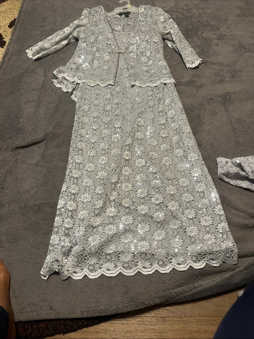 R&M Richards Silver Lace Sequin Two-Piece Wedding Dress and Jacket